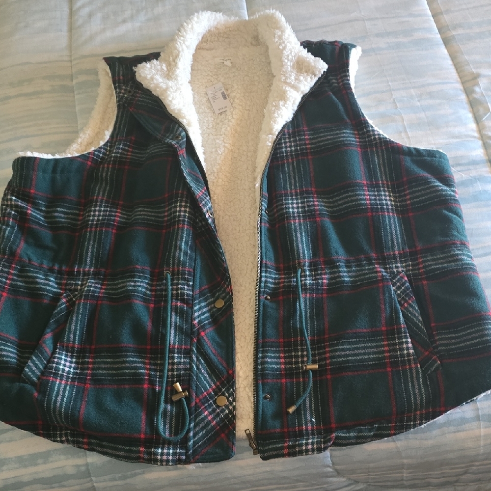 Maurices Green and Red Plaid Sherpa-Lined Kids Vest